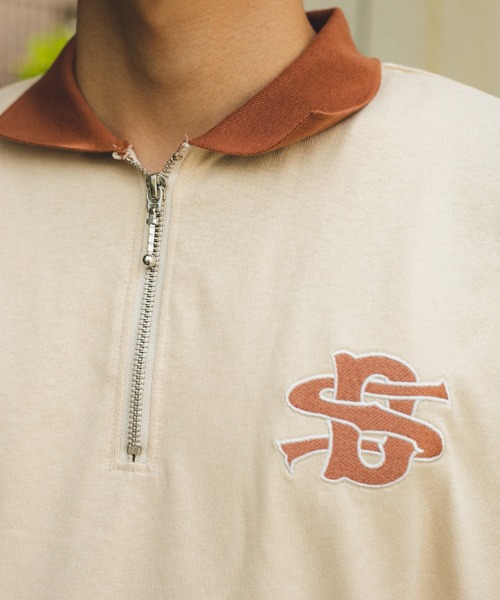 BROKEN BASE(ブロークンベース)の「配色刺繍ハーフジップポロシャツ(Tシャツ/カットソー・メンズ・グリーン/ベージュ/グレー・LARGE/MEDIUM)」の11枚目の写真