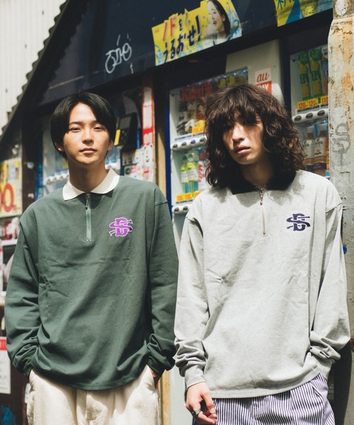 BROKEN BASE(ブロークンベース)の「配色刺繍ハーフジップポロシャツ(Tシャツ/カットソー・メンズ・グリーン/ベージュ/グレー・LARGE/MEDIUM)」の9枚目の写真