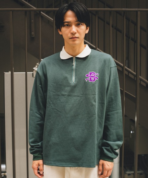 BROKEN BASE(ブロークンベース)の「配色刺繍ハーフジップポロシャツ(Tシャツ/カットソー・メンズ・グリーン/ベージュ/グレー・LARGE/MEDIUM)」の12枚目の写真