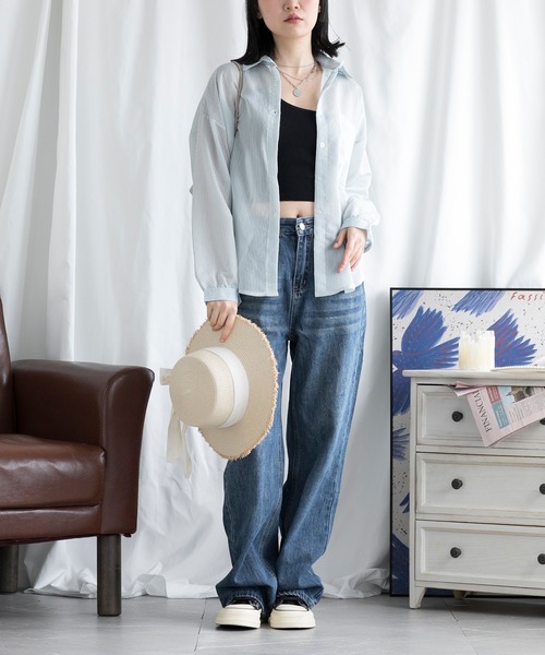 aimoha(アイモハ)の「UVカットシアーストライプシャツ (SS)(シャツ/ブラウス・レディース・ホワイト/ピンク/ブルー・X-LARGE/MEDIUM/LARGE/XX-LARGE/SMALL)」の15枚目の写真