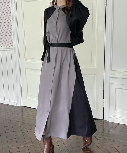 emi+（エミプラス）の「ウエストベルト付き レイヤード風バイカラーロングワンピース（シャツワンピース・レディース・チャコールグレー/ベージュ/カーキ/ブラック・M/L）」の3枚目の写真