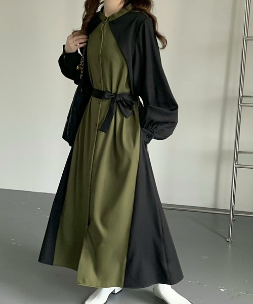 emi+（エミプラス）の「ウエストベルト付き レイヤード風バイカラーロングワンピース（シャツワンピース・レディース・チャコールグレー/ベージュ/カーキ/ブラック・M/L）」の10枚目の写真