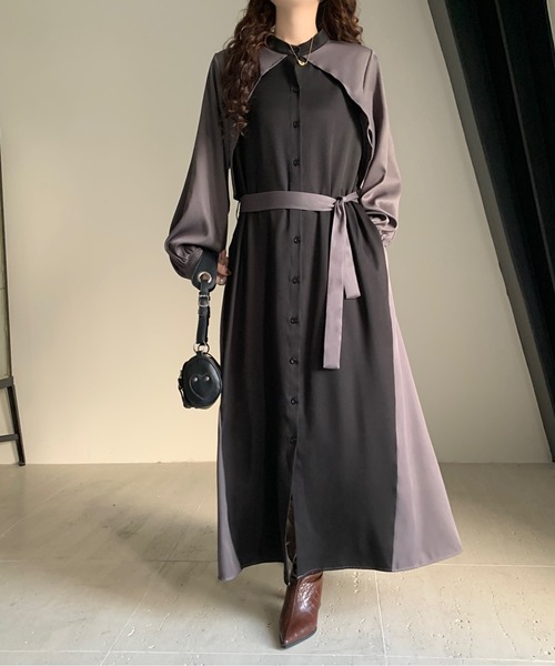 emi+（エミプラス）の「ウエストベルト付き レイヤード風バイカラーロングワンピース（シャツワンピース・レディース・チャコールグレー/ベージュ/カーキ/ブラック・M/L）」の19枚目の写真