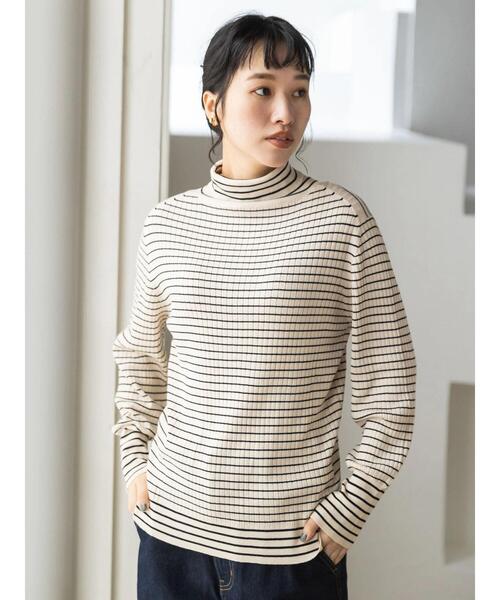 CRAFT STANDARD BOUTIQUE（クラフトスタンダードブティック）の「ハイゲージボーダータートルニットプルオーバー（ニット/セーター・レディース・アイボリー/ブラック/グリーン・FREE）」の4枚目の写真