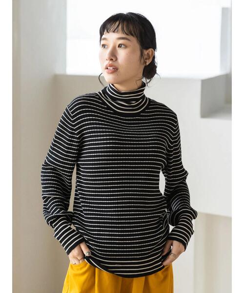 CRAFT STANDARD BOUTIQUE（クラフトスタンダードブティック）の「ハイゲージボーダータートルニットプルオーバー（ニット/セーター・レディース・アイボリー/ブラック/グリーン・FREE）」の5枚目の写真
