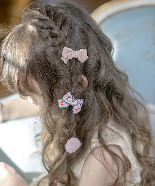 サテンリボン×チロリアンのベビーヘアクリップ ヘアピン ヘアゴム