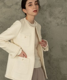 OPAQUE.CLIP | DELEGANT コットンツイードミドルジャケット【OPAQUE.CLIP NAVY】(ノーカラージャケット)