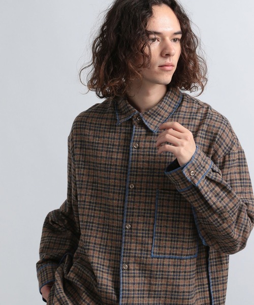 HARE（ハレ）の「ステッチロングチェックシャツ(HARE)（シャツ/ブラウス・メンズ・ブラウン/ブラック・FREE）」の2枚目の写真