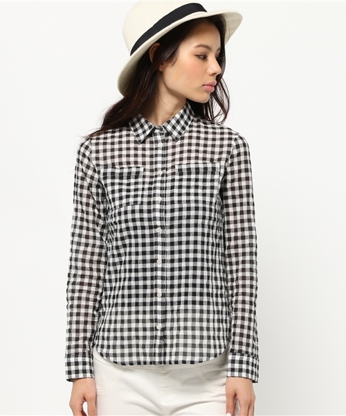 AZUL by moussy（アズールバイマウジー）の「先染シャーリングギンガム長袖T/Bシャツ（シャツ/ブラウス・レディース・レッド系その他/ブラック系その他/ブルー系その他・LARGE/SMALL/MEDIUM）」の4枚目の写真