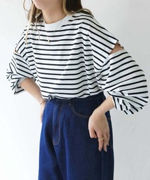 HER CLOSET | 【shemoshelly】WEB限定スリットボリュームスリーブボーダーデザインTシャツ(Tシャツ/カットソー)
