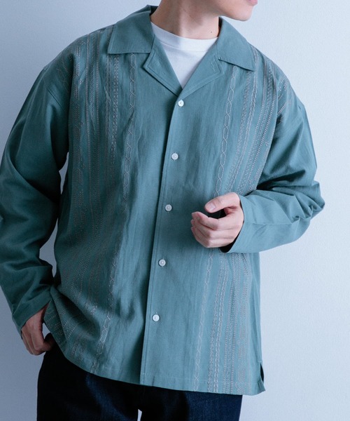 ITEMS URBANRESEARCH(アイテムズ アーバンリサーチ)の「『セットアップ対応』リネン混 オープンカラー 刺繍シャツ(シャツ/ブラウス・メンズ・カーキ/ブラック/ピンク・LARGE/MEDIUM)」の3枚目の写真