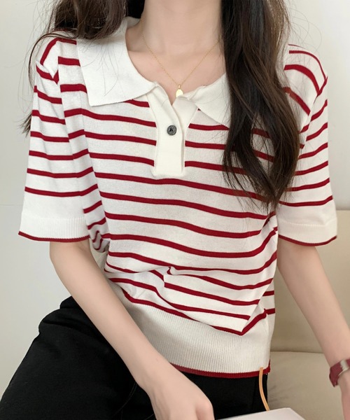 Chaco closet(チャコ クローゼット)の「ニットボーダーハーフスリーブポロシャツ(ポロシャツ・レディース・ホワイト/アイボリー/ブルー/レッド・FREE)」の4枚目の写真