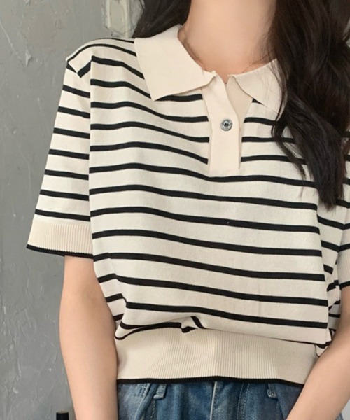 Chaco closet(チャコ クローゼット)の「ニットボーダーハーフスリーブポロシャツ(ポロシャツ・レディース・ホワイト/アイボリー/ブルー/レッド・FREE)」の1枚目の写真