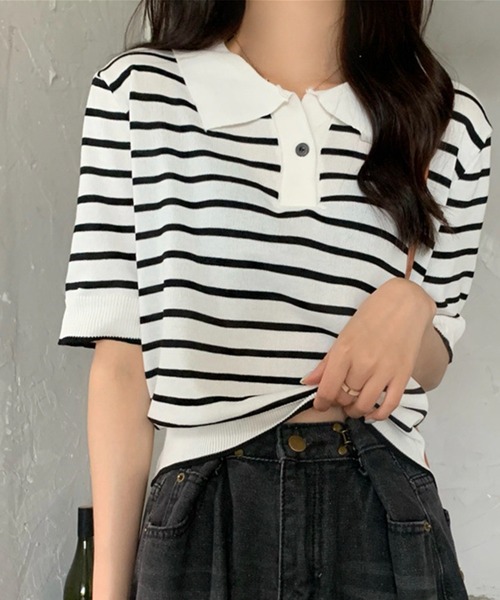 Chaco closet(チャコ クローゼット)の「ニットボーダーハーフスリーブポロシャツ(ポロシャツ・レディース・ホワイト/アイボリー/ブルー/レッド・FREE)」の19枚目の写真