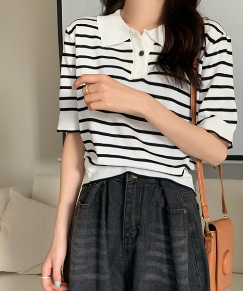 Chaco closet(チャコ クローゼット)の「ニットボーダーハーフスリーブポロシャツ(ポロシャツ・レディース・ホワイト/アイボリー/ブルー/レッド・FREE)」の21枚目の写真