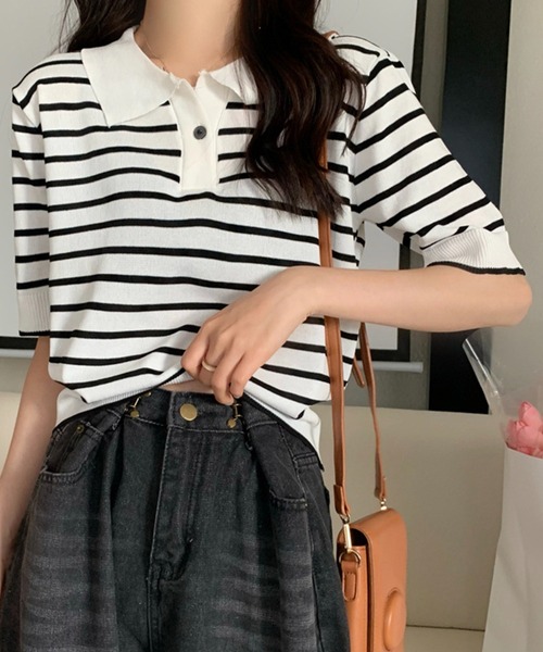 Chaco closet(チャコ クローゼット)の「ニットボーダーハーフスリーブポロシャツ(ポロシャツ・レディース・ホワイト/アイボリー/ブルー/レッド・FREE)」の9枚目の写真