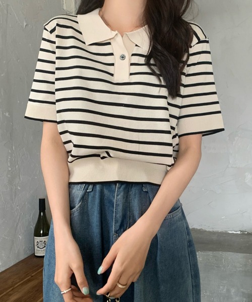 Chaco closet(チャコ クローゼット)の「ニットボーダーハーフスリーブポロシャツ(ポロシャツ・レディース・ホワイト/アイボリー/ブルー/レッド・FREE)」の5枚目の写真