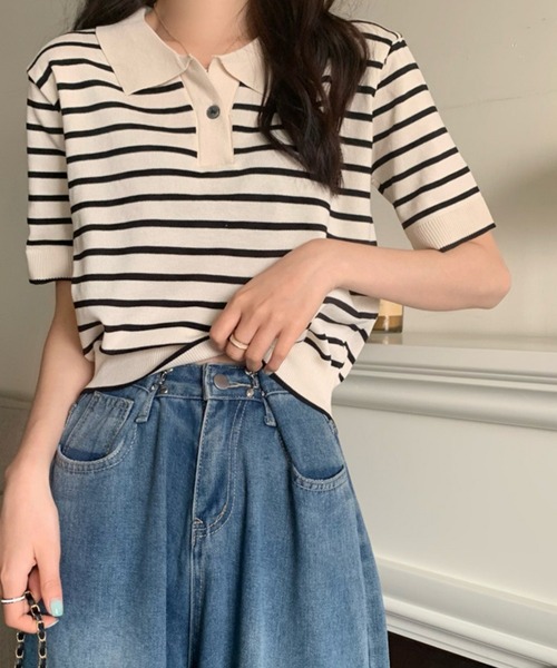 Chaco closet(チャコ クローゼット)の「ニットボーダーハーフスリーブポロシャツ(ポロシャツ・レディース・ホワイト/アイボリー/ブルー/レッド・FREE)」の16枚目の写真