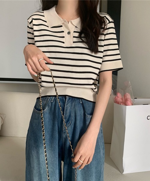 Chaco closet(チャコ クローゼット)の「ニットボーダーハーフスリーブポロシャツ(ポロシャツ・レディース・ホワイト/アイボリー/ブルー/レッド・FREE)」の20枚目の写真