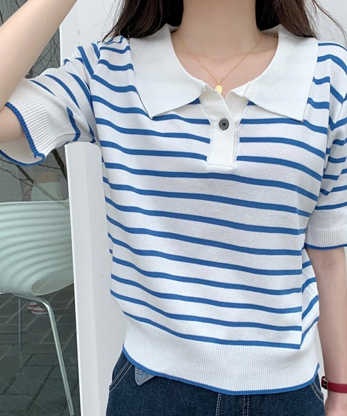 Chaco closet(チャコ クローゼット)の「ニットボーダーハーフスリーブポロシャツ(ポロシャツ・レディース・ホワイト/アイボリー/ブルー/レッド・FREE)」の22枚目の写真