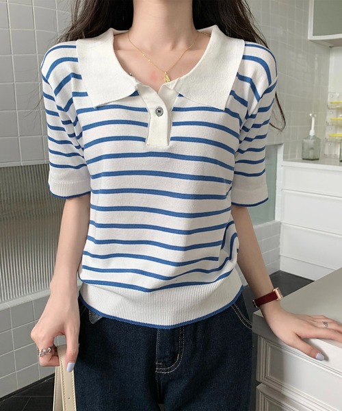 Chaco closet(チャコ クローゼット)の「ニットボーダーハーフスリーブポロシャツ(ポロシャツ・レディース・ホワイト/アイボリー/ブルー/レッド・FREE)」の6枚目の写真