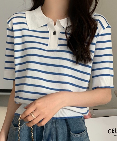 Chaco closet(チャコ クローゼット)の「ニットボーダーハーフスリーブポロシャツ(ポロシャツ・レディース・ホワイト/アイボリー/ブルー/レッド・FREE)」の17枚目の写真