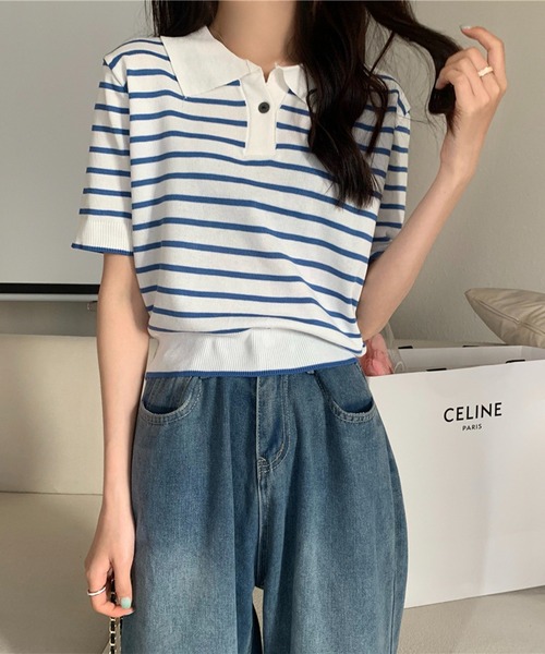 Chaco closet(チャコ クローゼット)の「ニットボーダーハーフスリーブポロシャツ(ポロシャツ・レディース・ホワイト/アイボリー/ブルー/レッド・FREE)」の7枚目の写真