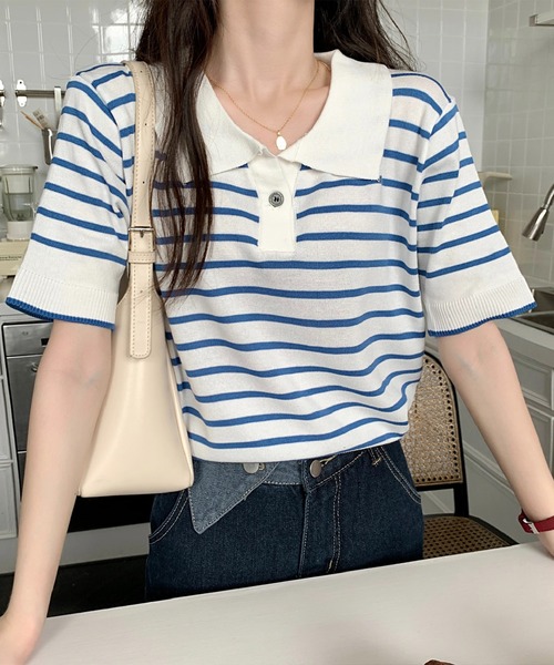 Chaco closet(チャコ クローゼット)の「ニットボーダーハーフスリーブポロシャツ(ポロシャツ・レディース・ホワイト/アイボリー/ブルー/レッド・FREE)」の13枚目の写真