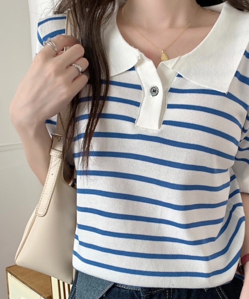 Chaco closet(チャコ クローゼット)の「ニットボーダーハーフスリーブポロシャツ(ポロシャツ・レディース・ホワイト/アイボリー/ブルー/レッド・FREE)」の10枚目の写真