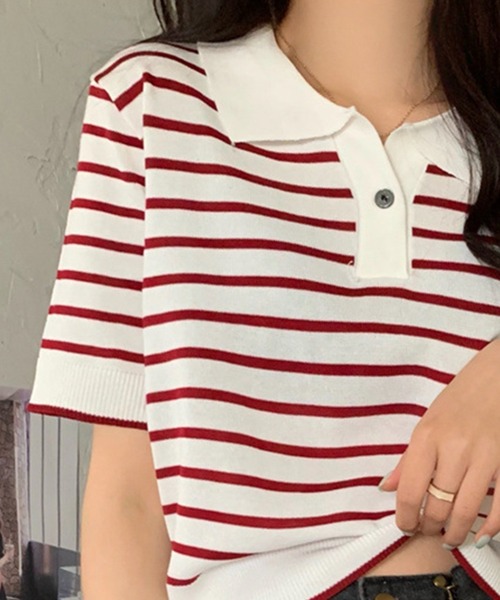 Chaco closet(チャコ クローゼット)の「ニットボーダーハーフスリーブポロシャツ(ポロシャツ・レディース・ホワイト/アイボリー/ブルー/レッド・FREE)」の14枚目の写真