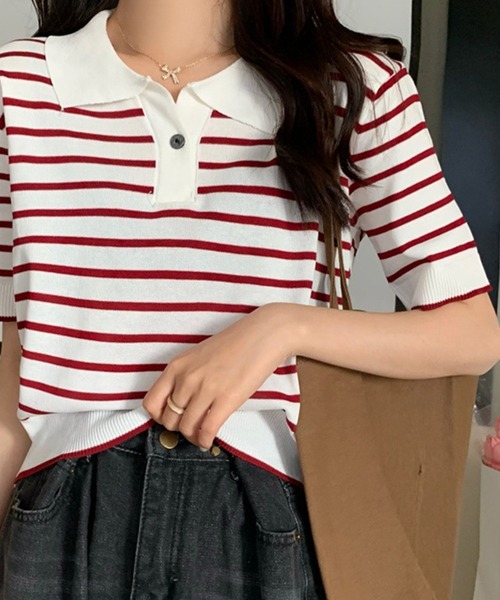 Chaco closet(チャコ クローゼット)の「ニットボーダーハーフスリーブポロシャツ(ポロシャツ・レディース・ホワイト/アイボリー/ブルー/レッド・FREE)」の18枚目の写真