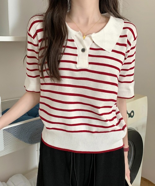 Chaco closet(チャコ クローゼット)の「ニットボーダーハーフスリーブポロシャツ(ポロシャツ・レディース・ホワイト/アイボリー/ブルー/レッド・FREE)」の12枚目の写真