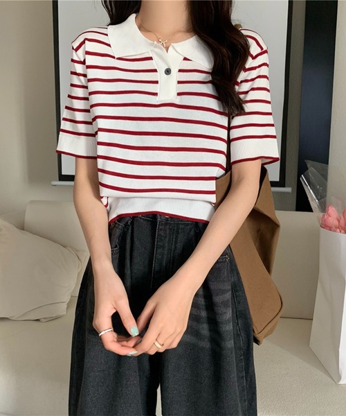 Chaco closet(チャコ クローゼット)の「ニットボーダーハーフスリーブポロシャツ(ポロシャツ・レディース・ホワイト/アイボリー/ブルー/レッド・FREE)」の8枚目の写真