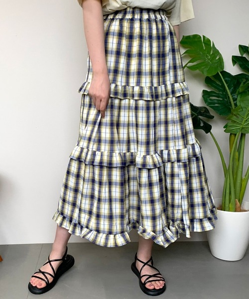 CRB（シーアールビー）の「チェック柄ティアードスカート（スカート・レディース・グリーン/ブラック/ブルー・F）」の3枚目の写真