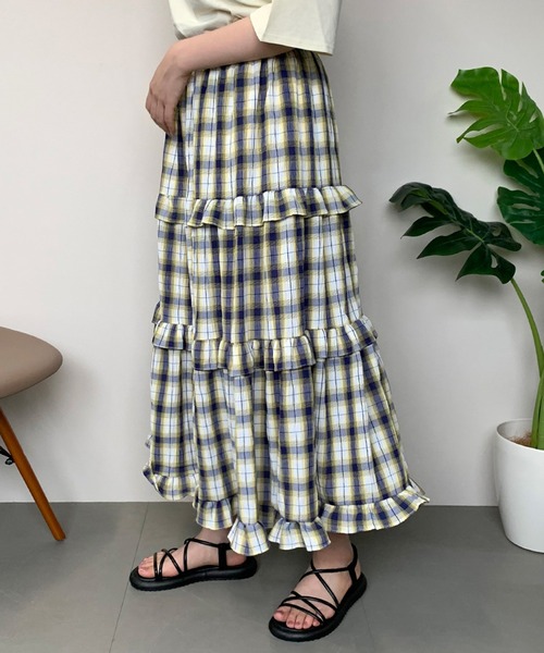 CRB（シーアールビー）の「チェック柄ティアードスカート（スカート・レディース・グリーン/ブラック/ブルー・F）」の19枚目の写真