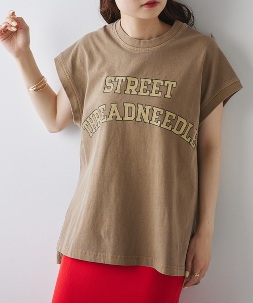 PUAL CE CIN（ピュアルセシン）の「ユーズドライクロゴプリントフレンチスリーブTシャツ（Tシャツ/カットソー・レディース・ベージュ/オフホワイト/チャコールグレー・FREE）」の3枚目の写真