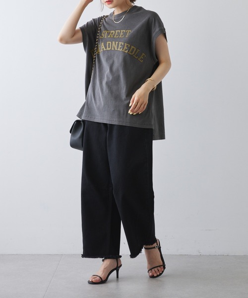 PUAL CE CIN（ピュアルセシン）の「ユーズドライクロゴプリントフレンチスリーブTシャツ（Tシャツ/カットソー・レディース・ベージュ/オフホワイト/チャコールグレー・FREE）」の16枚目の写真