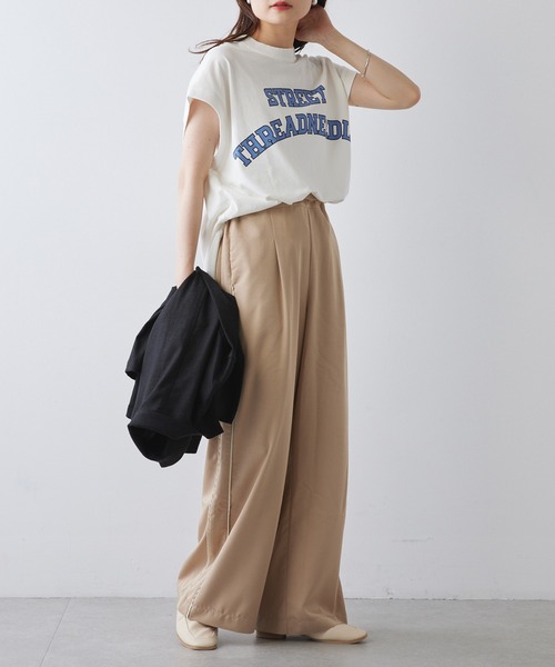 PUAL CE CIN（ピュアルセシン）の「ユーズドライクロゴプリントフレンチスリーブTシャツ（Tシャツ/カットソー・レディース・ベージュ/オフホワイト/チャコールグレー・FREE）」の6枚目の写真