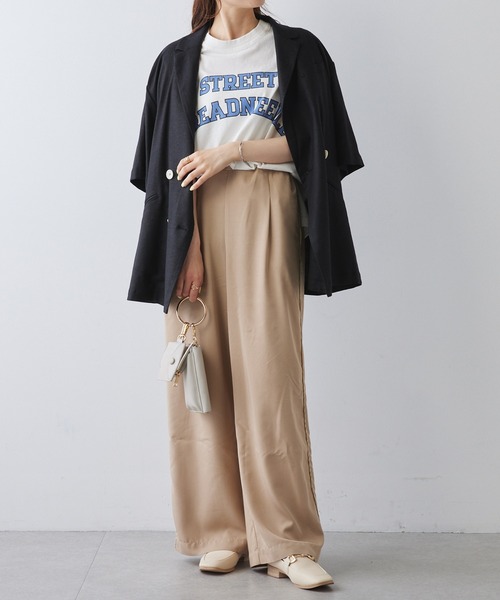 PUAL CE CIN（ピュアルセシン）の「ユーズドライクロゴプリントフレンチスリーブTシャツ（Tシャツ/カットソー・レディース・ベージュ/オフホワイト/チャコールグレー・FREE）」の9枚目の写真