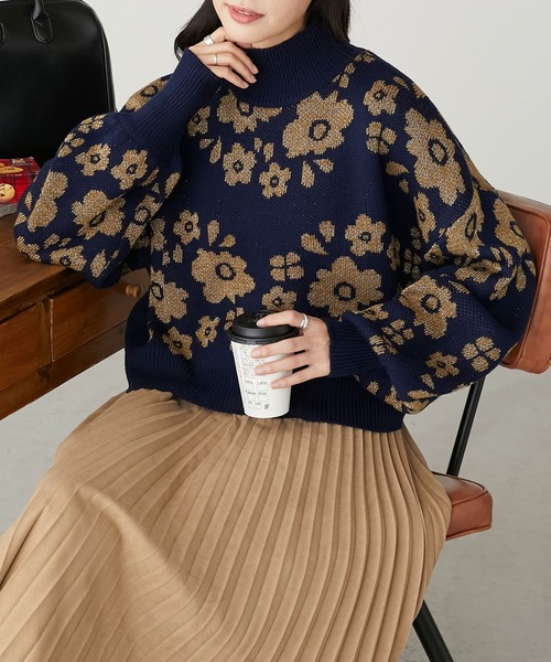 フラワーラメジャガードハイネックニットプルオーバー（ニット