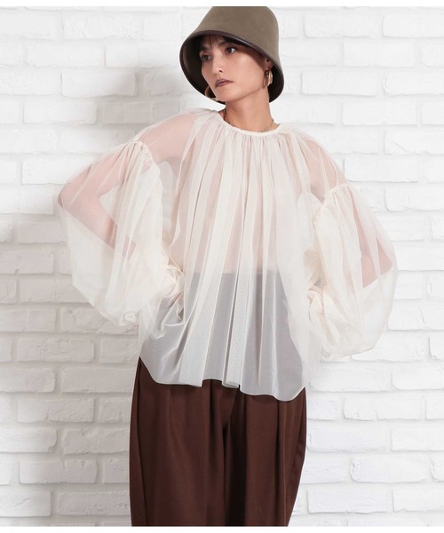 Settimissimo（セッティミッシモ）の「チュールレイヤード パフスリーブ クルーネック プルオーバー（Tシャツ/カットソー・レディース・ベージュ系その他/ブラック・FREE）」の11枚目の写真