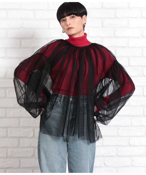 Settimissimo（セッティミッシモ）の「チュールレイヤード パフスリーブ クルーネック プルオーバー（Tシャツ/カットソー・レディース・ベージュ系その他/ブラック・FREE）」の6枚目の写真