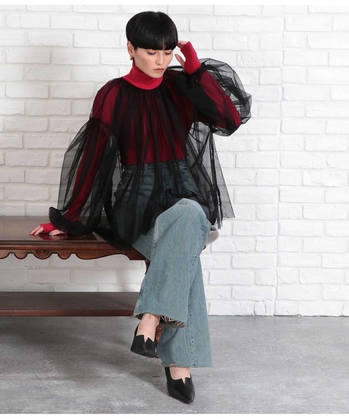 Settimissimo（セッティミッシモ）の「チュールレイヤード パフスリーブ クルーネック プルオーバー（Tシャツ/カットソー・レディース・ベージュ系その他/ブラック・FREE）」の10枚目の写真