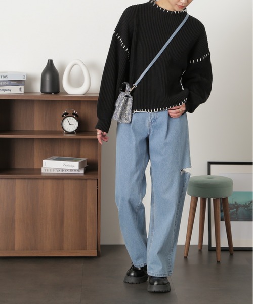 FREE'S MART（フリーズマート）の「配色ステッチ畦編みニット（ニット/セーター・レディース・ブラック/レッド/オフホワイト・FREE）」の9枚目の写真