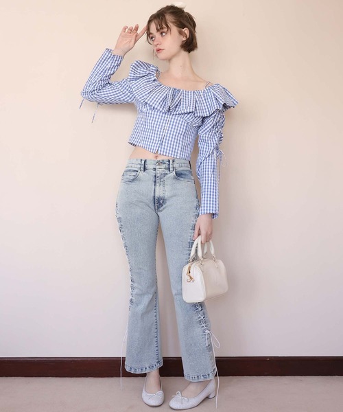 Seemi. byNICECLAUP（ シーミーバイナイスクラップ）の「【Seemi.】ショートフリルブラウス（シャツ/ブラウス・レディース・アイボリー/ブルー系その他/サックスブルー・FREE）」の9枚目の写真