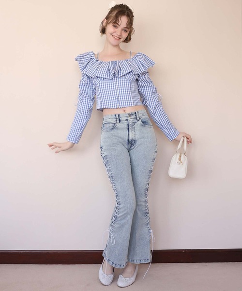 Seemi. byNICECLAUP（ シーミーバイナイスクラップ）の「【Seemi.】ショートフリルブラウス（シャツ/ブラウス・レディース・アイボリー/ブルー系その他/サックスブルー・FREE）」の10枚目の写真