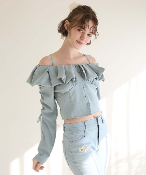 Seemi. byNICECLAUP（ シーミーバイナイスクラップ）の「【Seemi.】ショートフリルブラウス（シャツ/ブラウス・レディース・アイボリー/ブルー系その他/サックスブルー・FREE）」の6枚目の写真