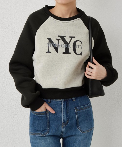 MAISON DE THERESE(メゾン ド テレーズ)の「裏起毛ロゴスウェット NYCロゴラグランショート丈トレーナー(スウェット・レディース・ブラック/グレー・M/L/XL/XX-LARGE)」の12枚目の写真
