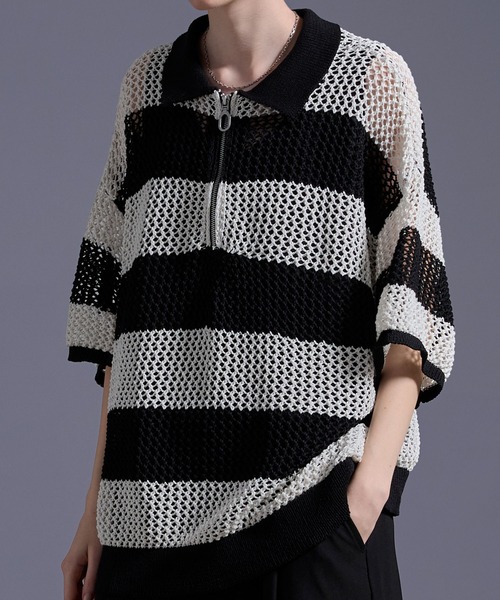 ★STONE ★ハーフジップアップポロニット Half Zip Knit ハーフジップニット ダブルホースマン刺繍