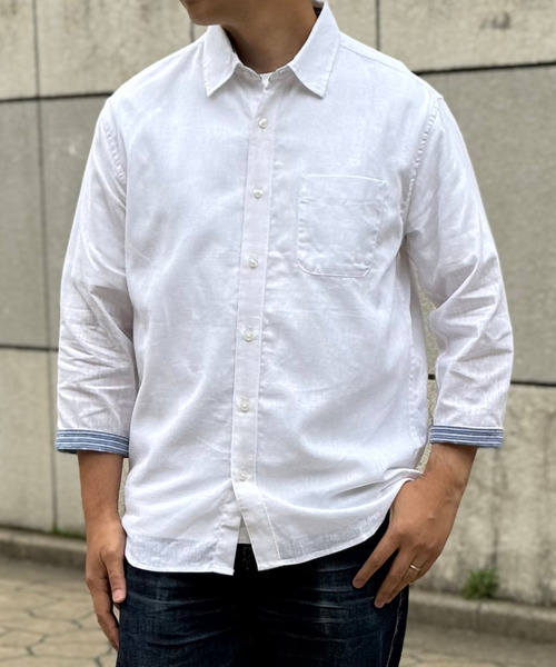 ikka(イッカ)の「【吸水速乾】7分袖イージーケアリネン無地シャツ(シャツ/ブラウス・メンズ・ベージュ/ホワイト/ブルー/グリーン/オレンジ/ライラック・S/M/L/XL)」の2枚目の写真